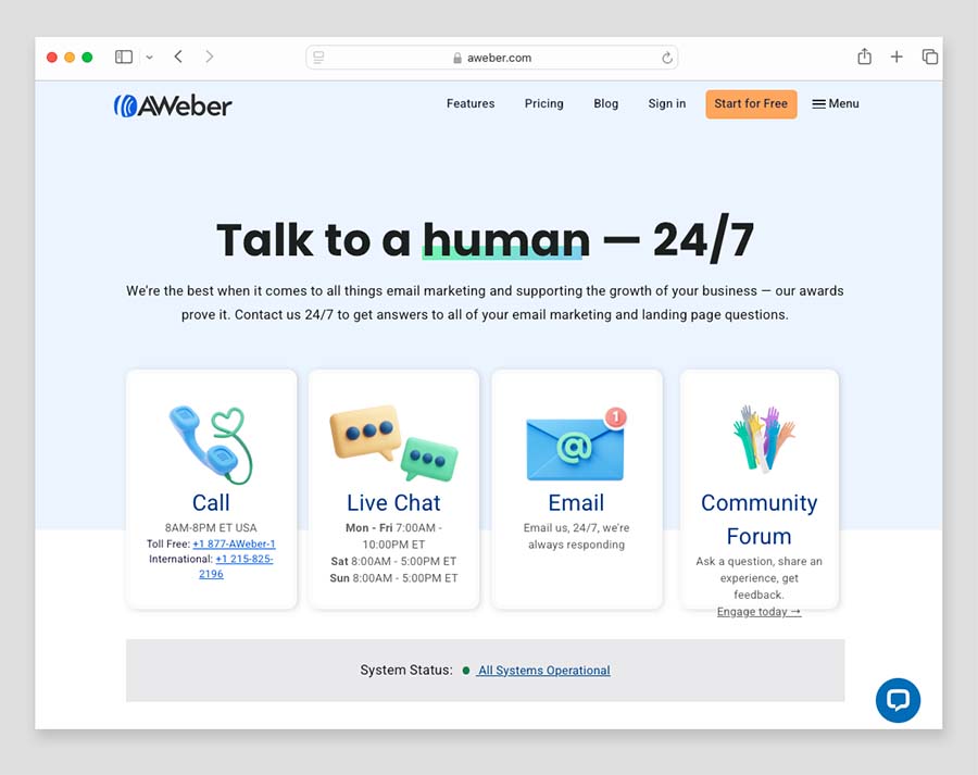 AWeber customer support page.