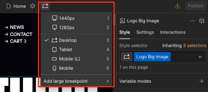 'Breakpoint' settings in Webflow