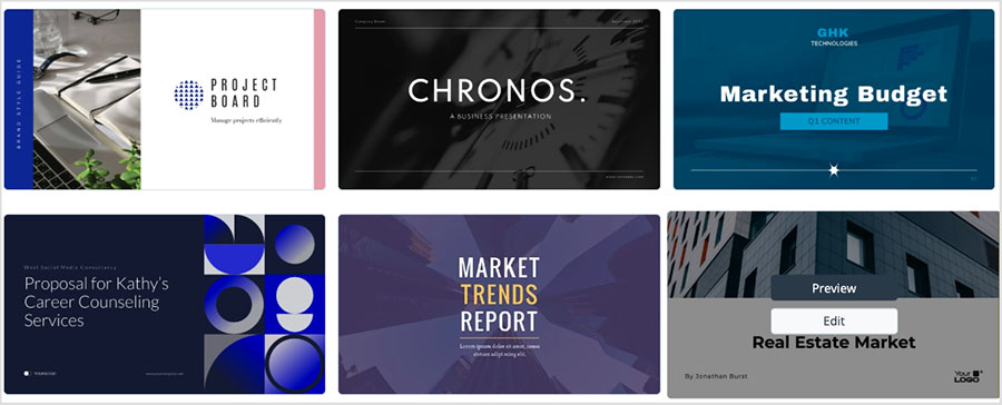 Some examples of presentation templates in Visme.