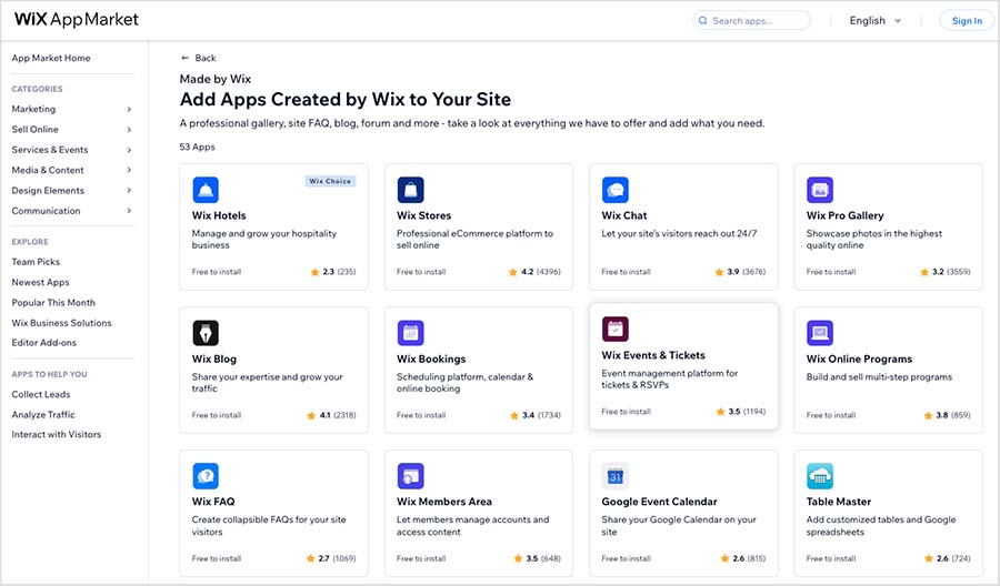 Wix's app market.