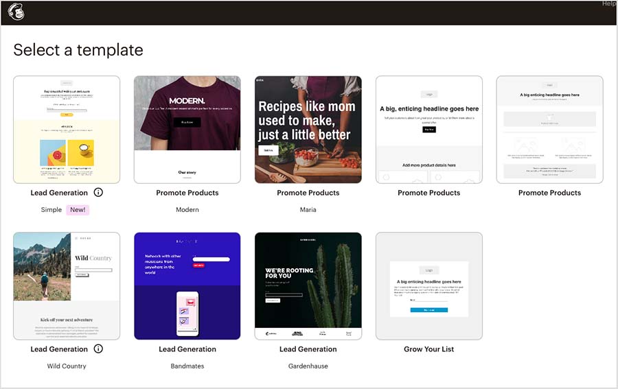 Mailchimp landing page templates.