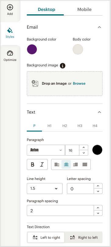 Setting 'global styles' in Mailchimp