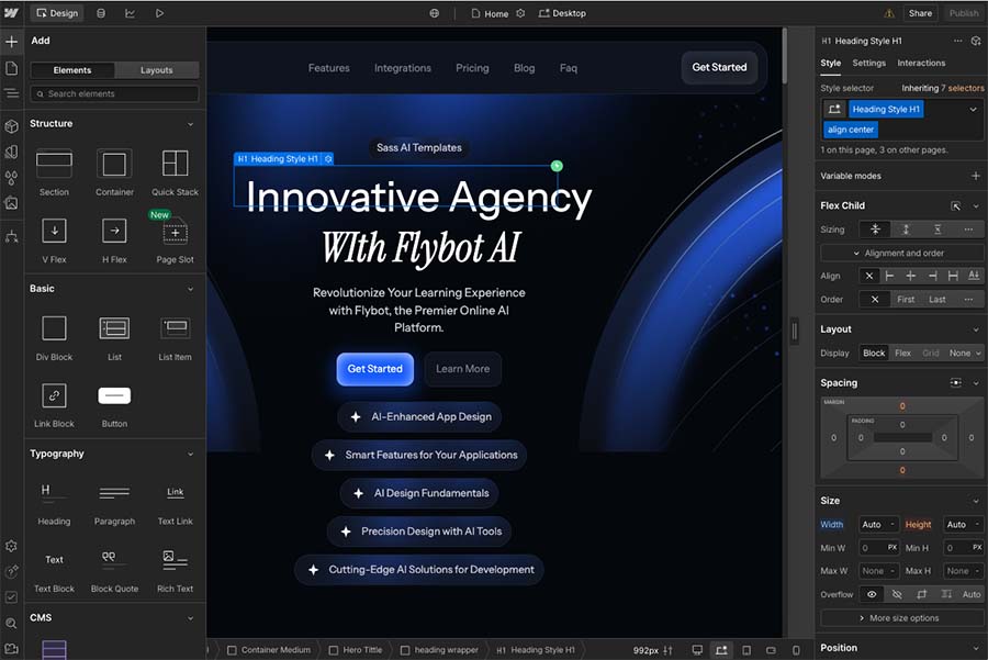 The Webflow designer interface