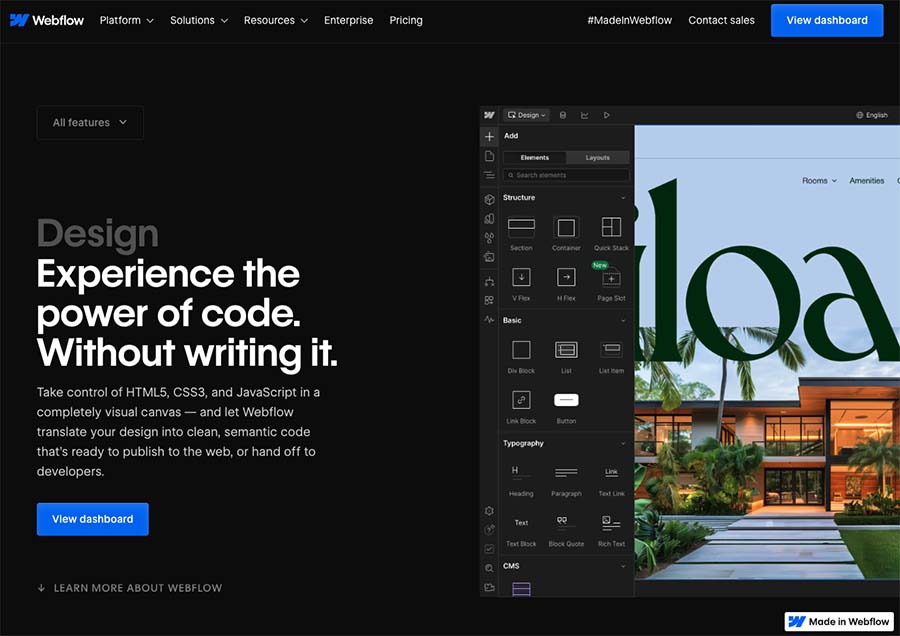 The Webflow website builder places a big emphasis on design visuals.