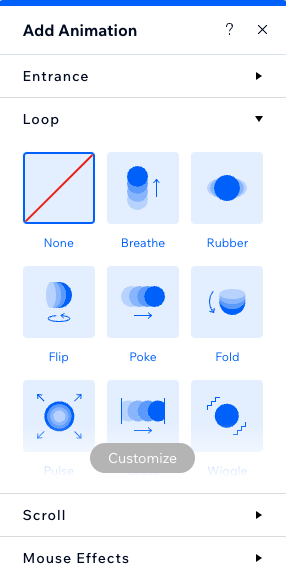 Animation settings in Wix.