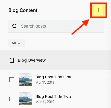 Clicking the plus icon to start a create a new Squarespace blog post
