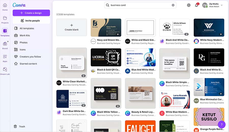 Canva business card template results.