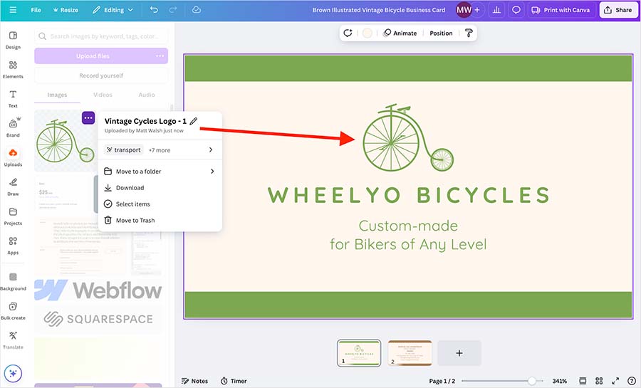 Using the ‘Uploads’ tab to add your own logo to a business card.