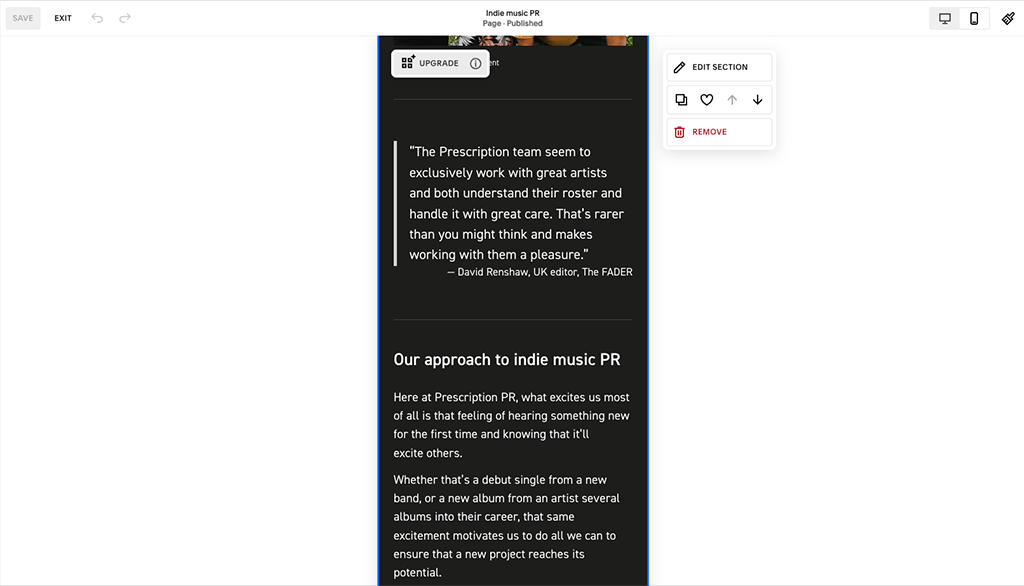 Editing a mobile site in Squarespace