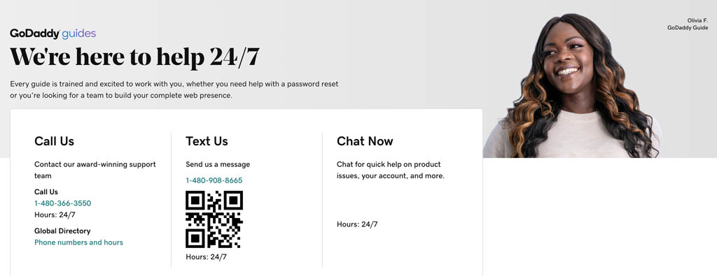 Customer support details for GoDaddy