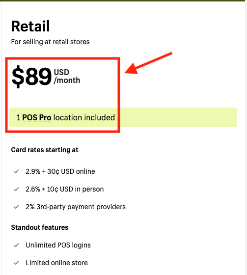 Shopify 'POS Pro' monthly pricing