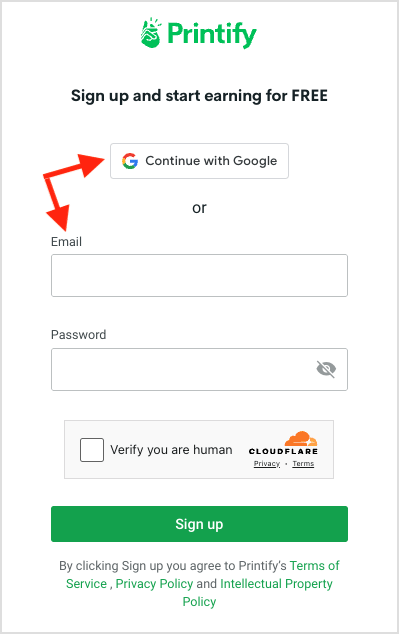 Signing up to Printify