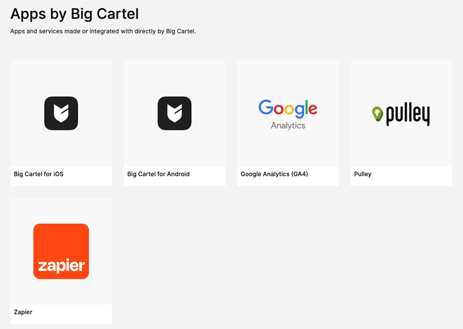 Some of the apps available for Big Cartel