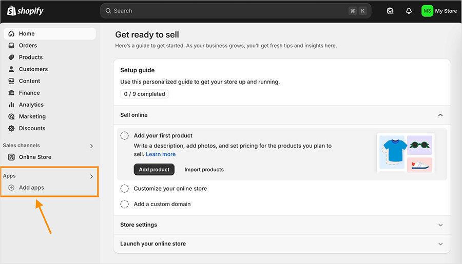 The Shopify admin page with the app menu highlighted.