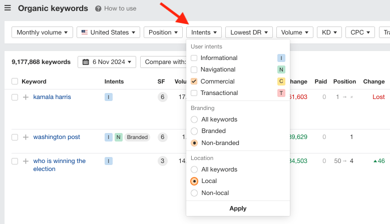 Filtering keywords by search intent in Ahrefs