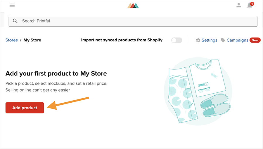 Add product button in Printful dashboard
