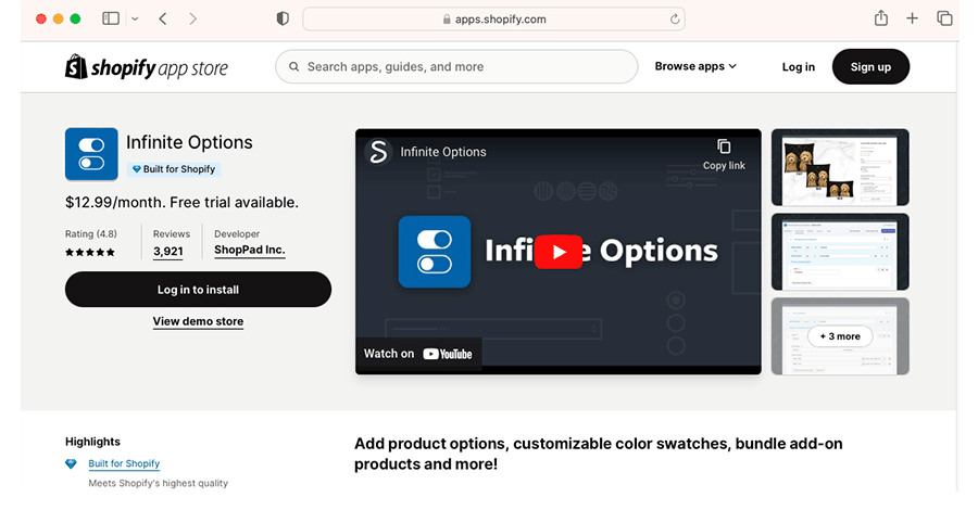 A screenshot of the 'Infinite Options' app.