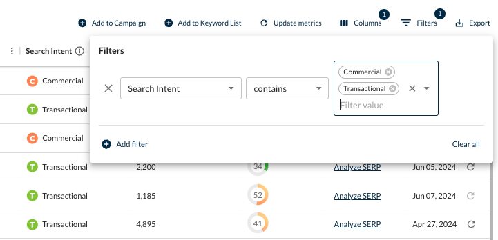 Filtering keyword by search intent in Moz