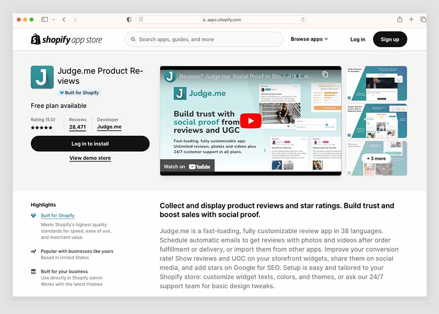 The 'Judge.me Product Reviews' app in the Shopify app store
