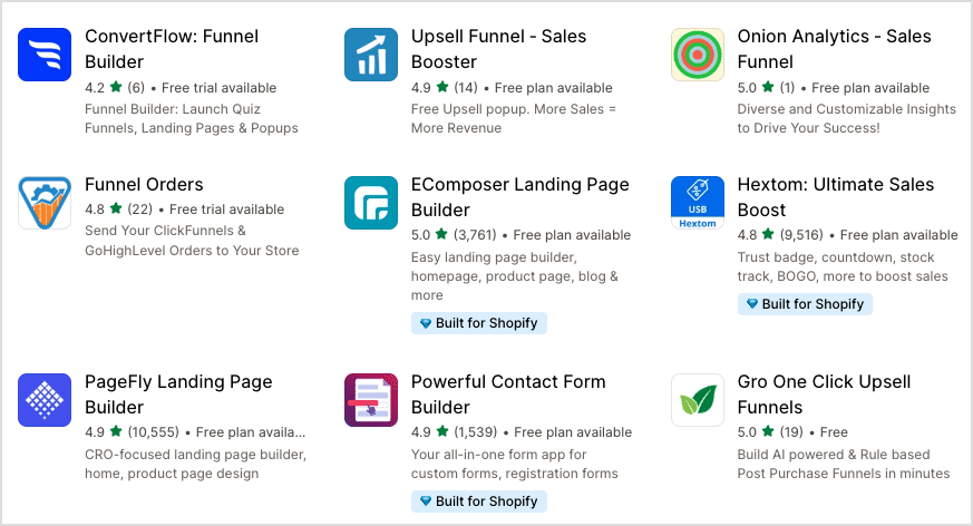 Sales funnel builder apps in the Shopify app store