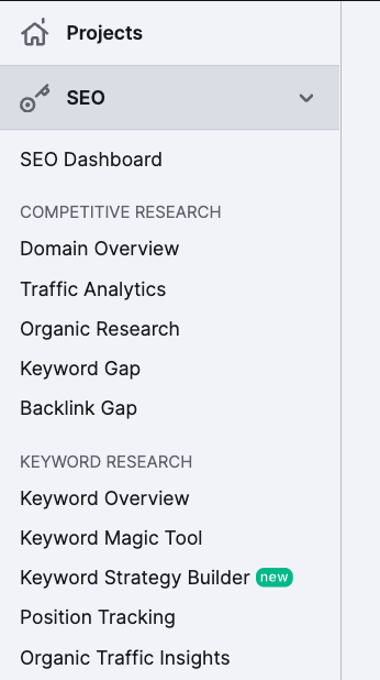 The Semrush navigation system