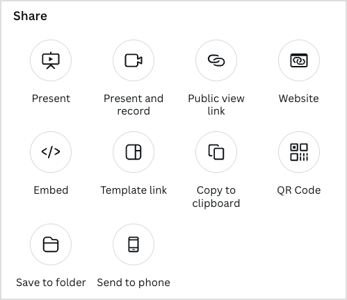 Some of the presentation sharing options available in Canva