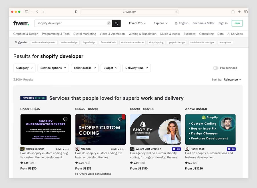 Shopify services in Fiverr.