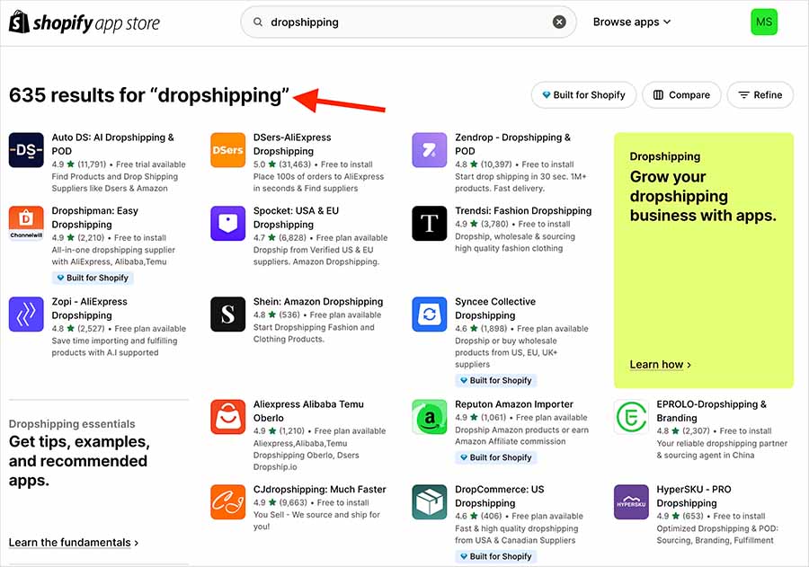 Dropshipping apps in the official Shopify app store.
