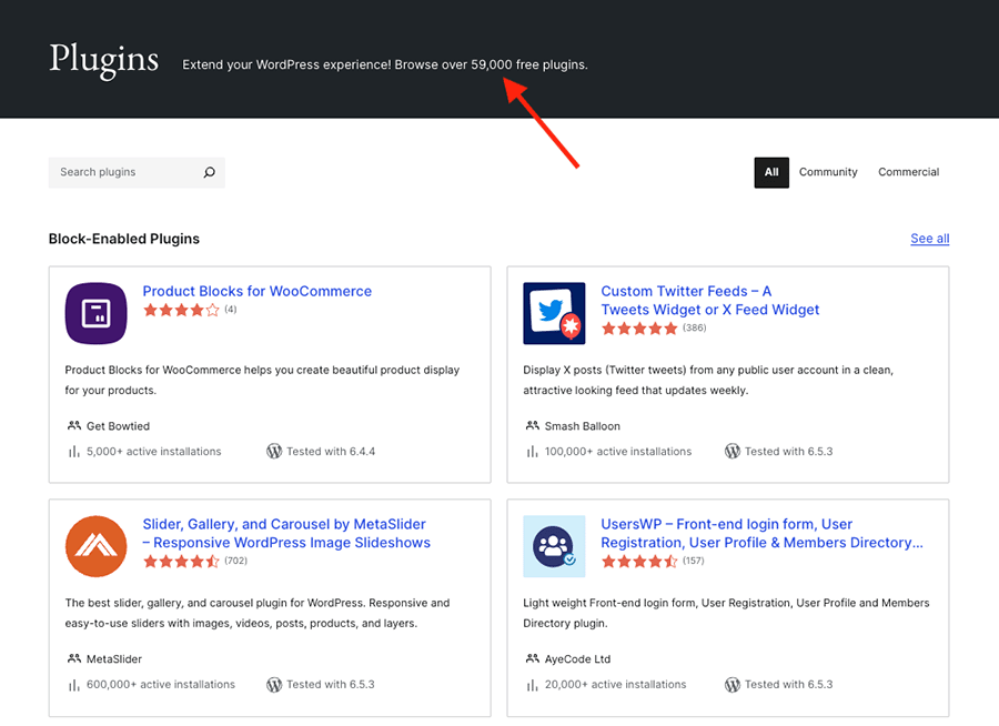 The WordPress plugin directory — at time of writing, it contains over 59,000 plugins