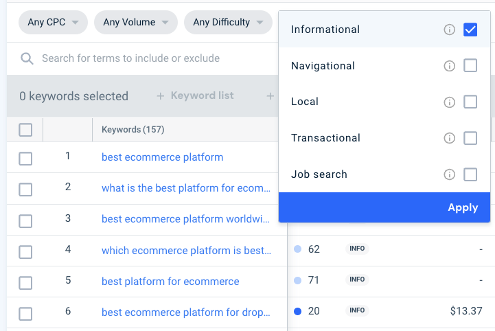 Filtering keywords by search intent in Similarweb