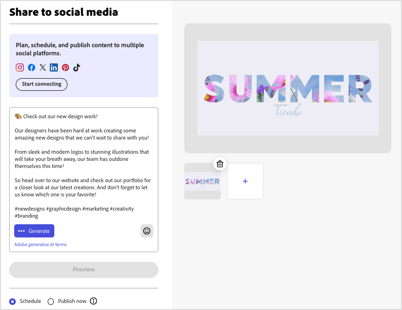 Scheduling a social media post within the Adobe Express 'schedule' tool.