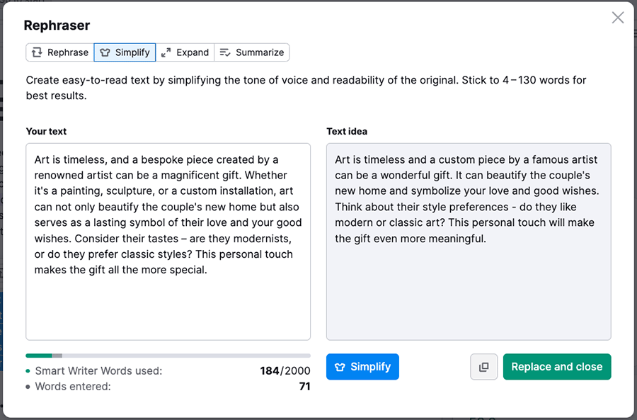Using Semrush's 'Smart Writer' tool to rephrase a section of text