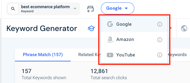 Search engine options in Similarweb's keyword generator