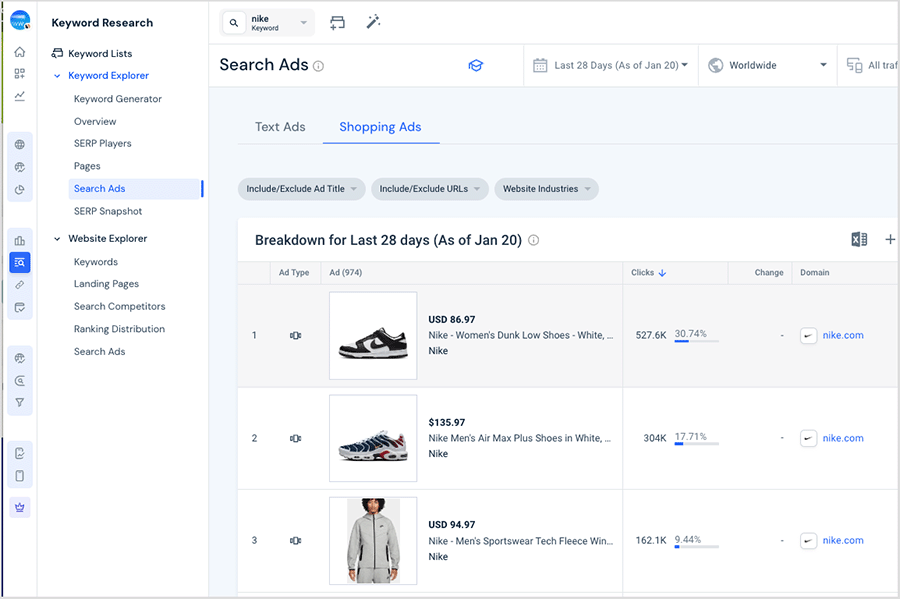 Product search ads in Similarweb