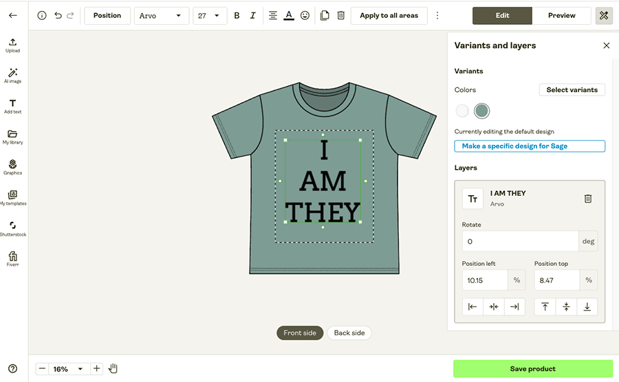 Working with text in Printify's product design tool.