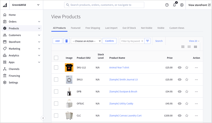 Managing products in the BigCommerce admin dashboard