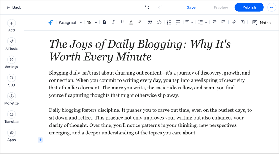 Creating a blog post in Wix