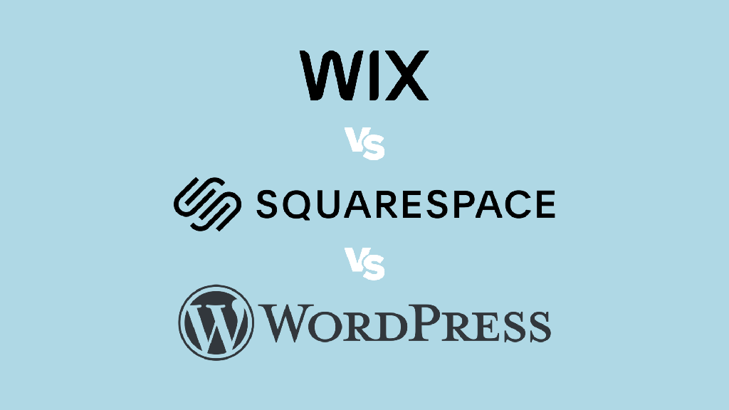 Wix vs Squarespace vs WordPress — the three platform logos on a blue background.