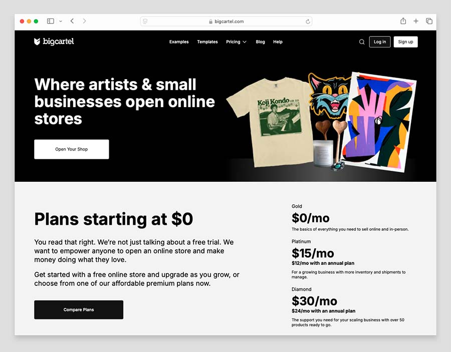 Big Cartel home page