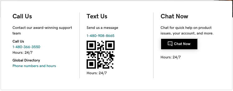 GoDaddy customer support details.