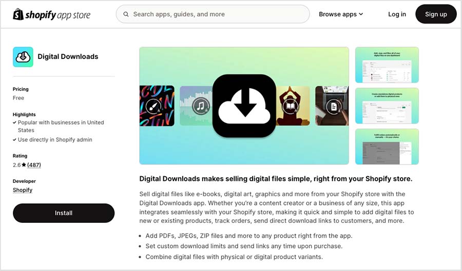 Shopify 'Digital Downloads' app in the Shopify app store.