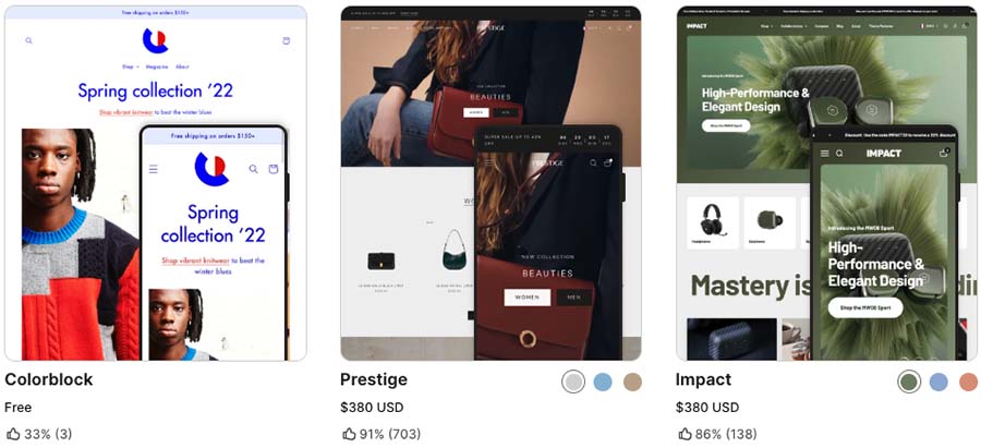 Some free and paid-for themes that are currently available in the Shopify theme store.