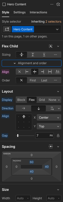 Style controls in the Webflow design interface