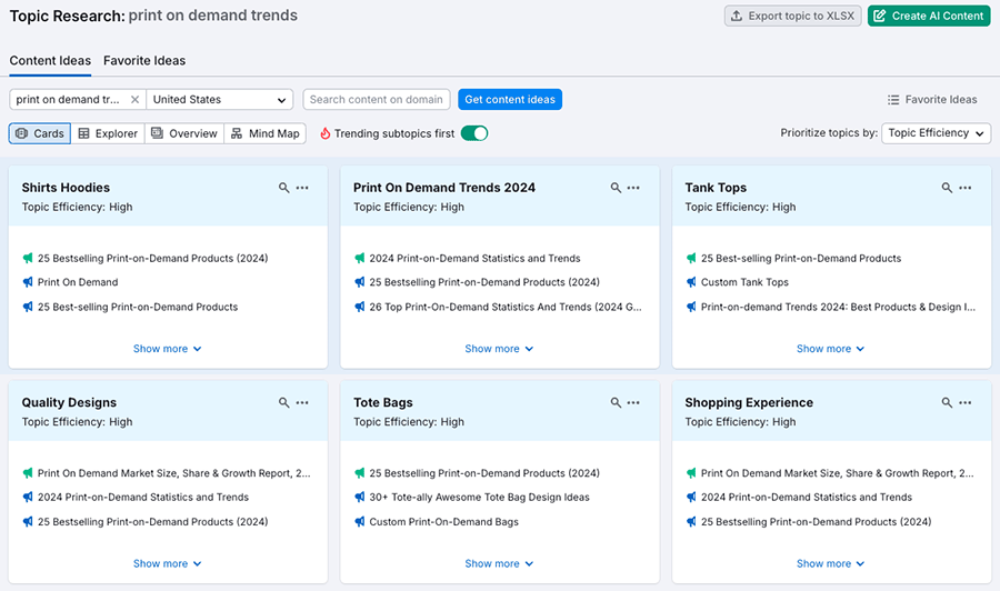 Conducting topic research in Semrush