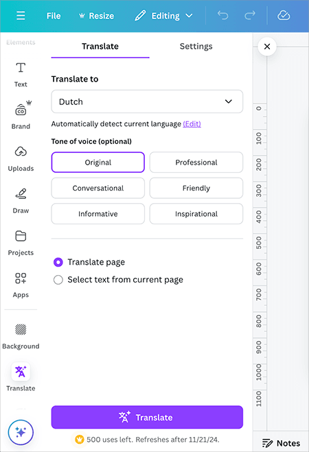 Translating content in Canva