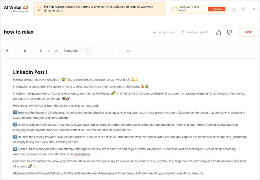 A LinkedIn post generated by Ubersuggest's 'AI Writer' tool