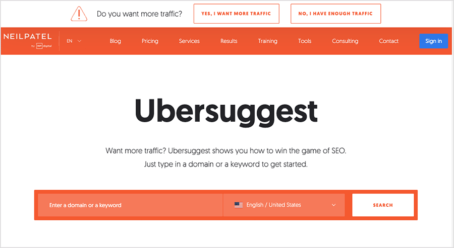 Ubersuggest home page