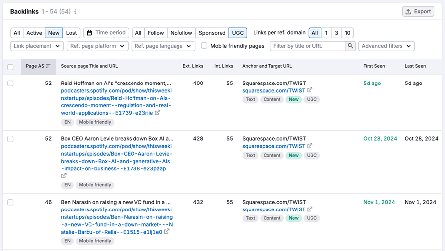 Filtering backlink data in Semrush