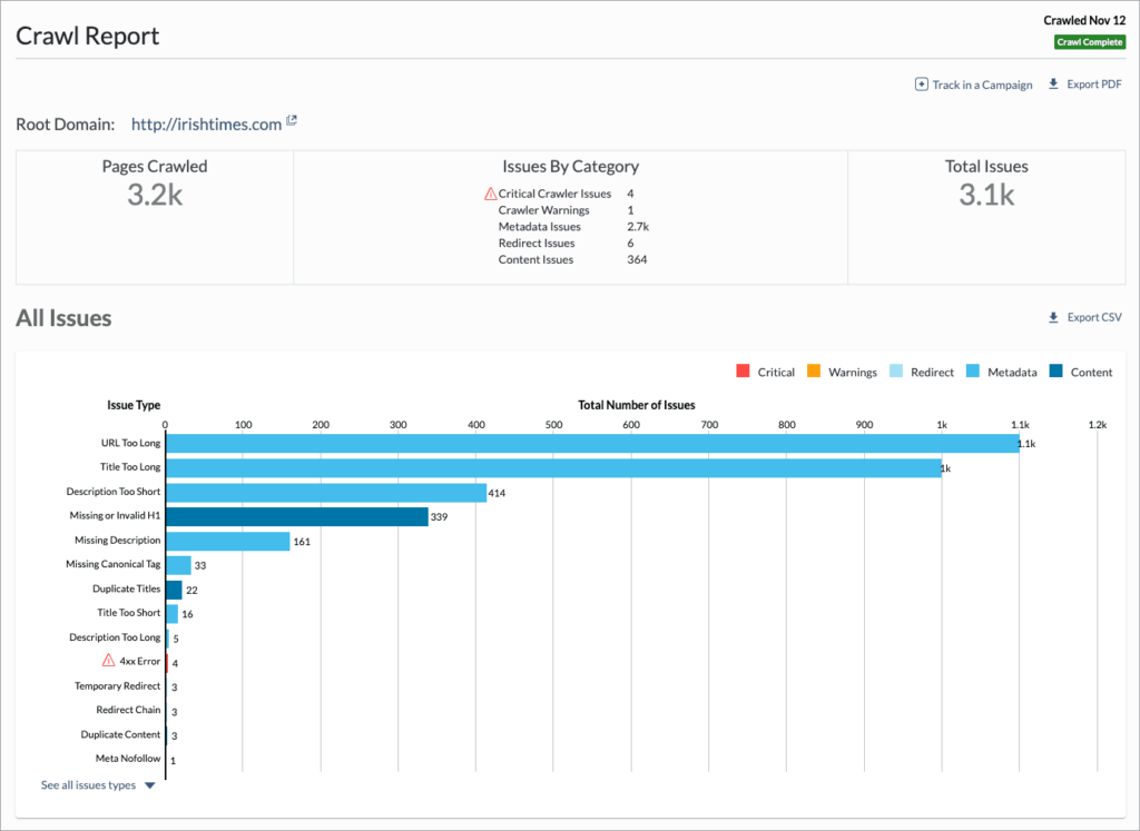An on-demand crawl report
