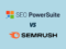 'SEO PowerSuite vs Semrush' - the logos of both companies on a light blue background.